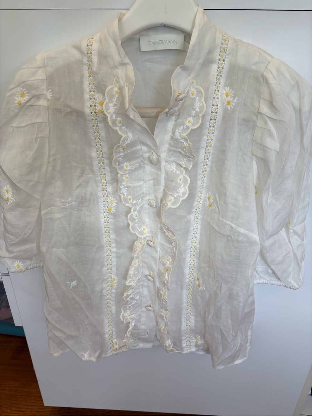 Zimmermann Cream Ruffled Embroidered Puff-Sleeve Blouse